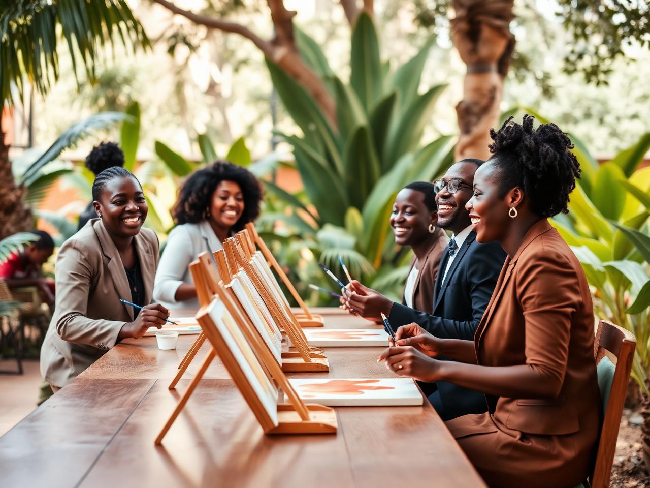 Abuja professionals painting at a long wooden table in a leafy garden setting